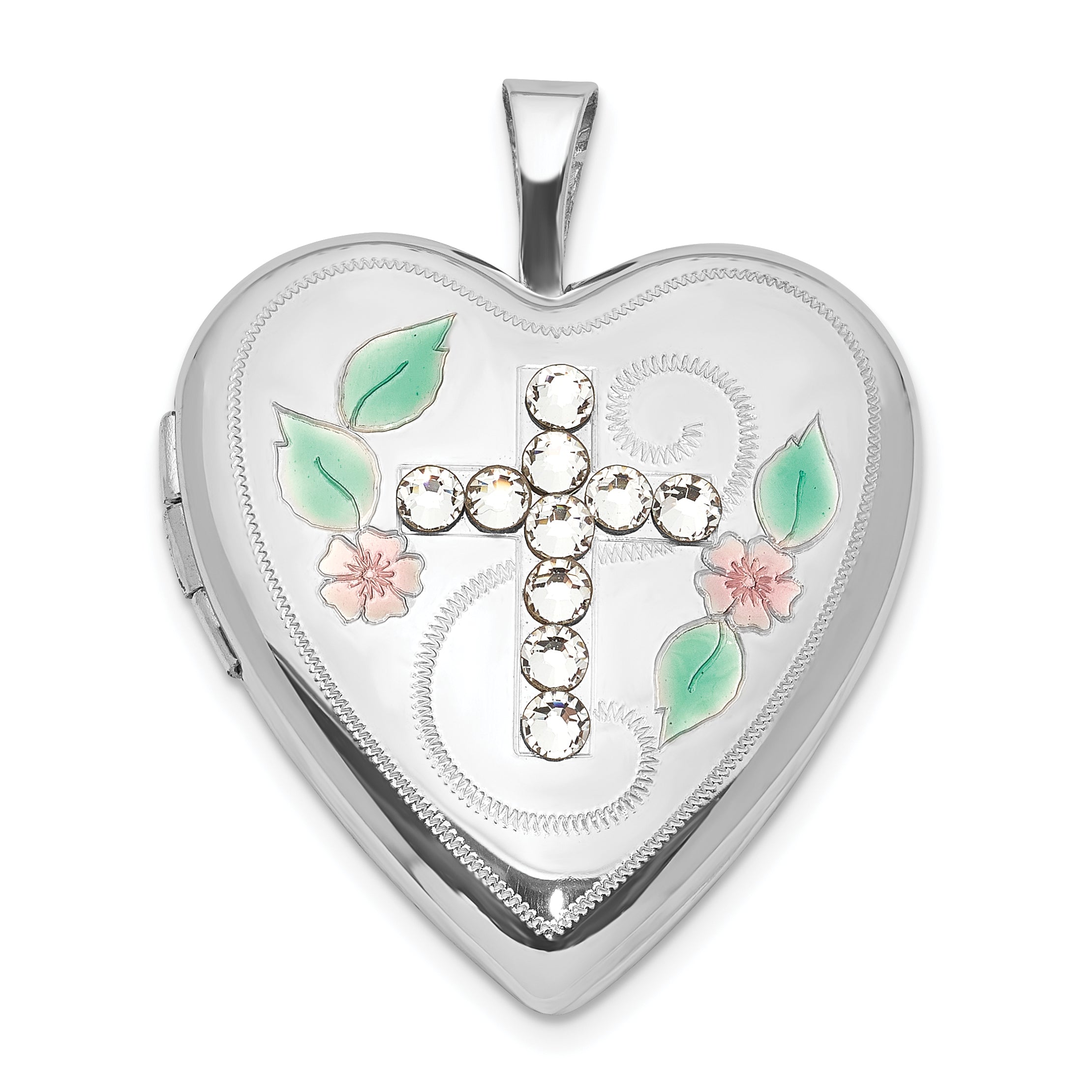 Sterling Silver Green & Pink Enameled Crystal Cross Heart Locket