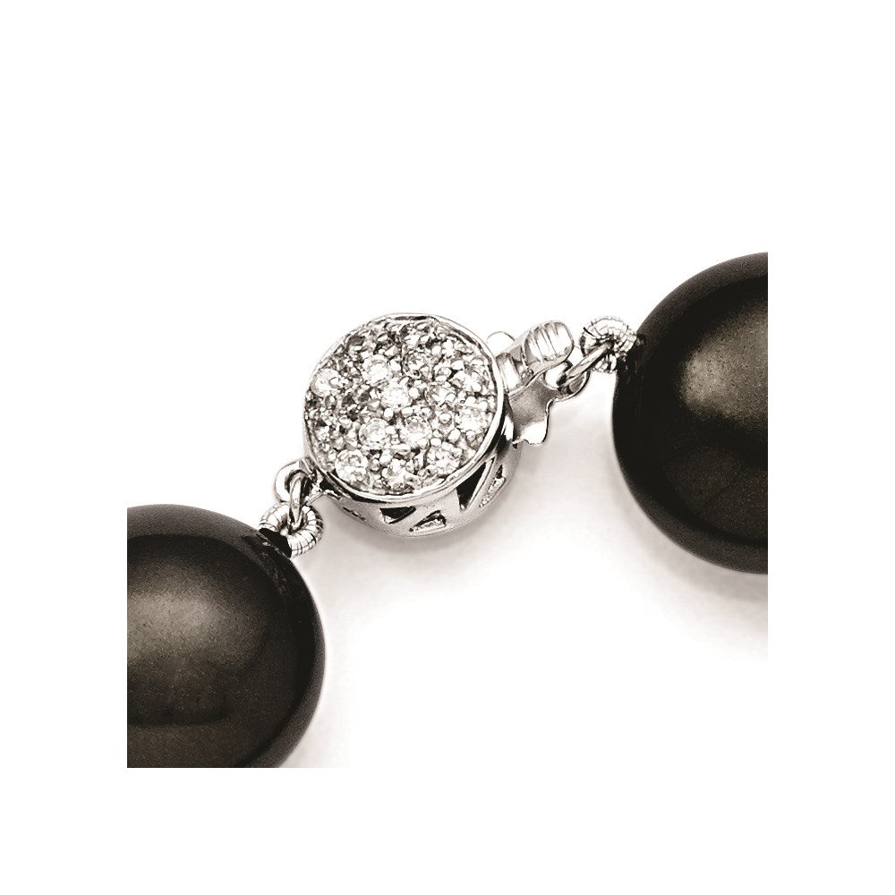 Sterling S Majestik Rh-pl 14-15mm Coin Blk Imitat Shell Pearl CZ Clasp Brac