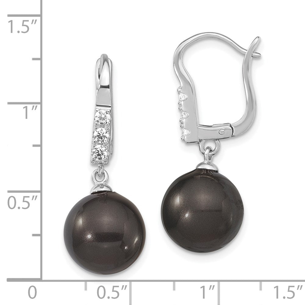Majestik Sterling Silver Rhodium-plated 10-11mm Black Imitation Shell Pearl CZ Hinged Post Dangle Earrings