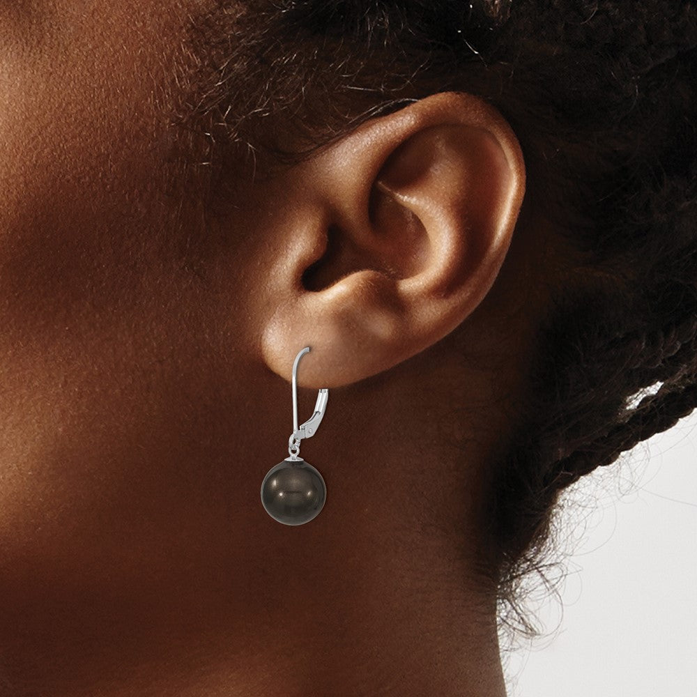 Majestik Sterling Silver Rhodium-plated 10-11mm Black Imitation Shell Pearl Leverback Dangle Earring