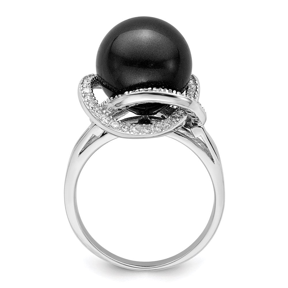 Majestik Sterling Silver Rhodium-plated Size 8 12-13mm Black Imitation Shell Pearl and CZ Ring
