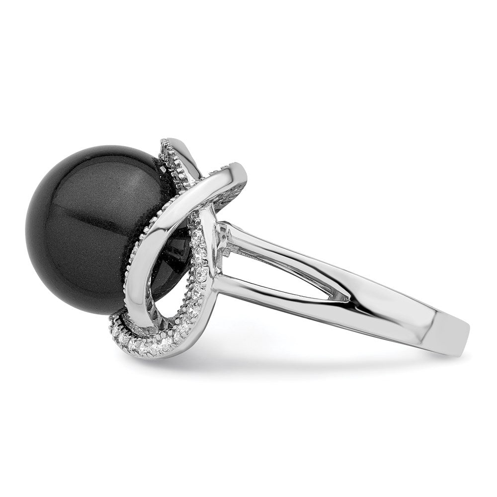Majestik Sterling Silver Rhodium-plated Size 8 12-13mm Black Imitation Shell Pearl and CZ Ring