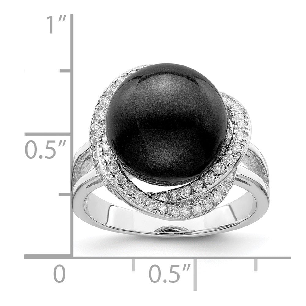Majestik Sterling Silver Rhodium-plated Size 7 12-13mm Black Imitation Shell Pearl and CZ Ring