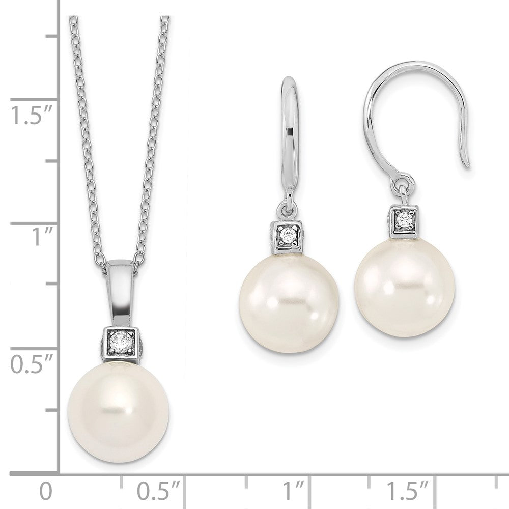 Majestik Sterling Silver Rhodium-plated 10-11mm White Imitation Shell Pearl and CZ Earrings and Spring Ring Clasp 17 inch ...