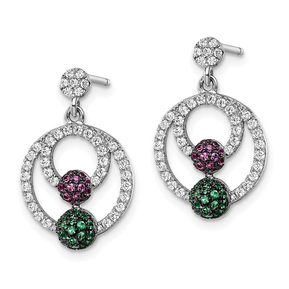 Brilliant Embers Sterling Silver Rhodium-plated 152 Stone Multi Micro PavÇ Green Red and White CZ Circle Dangle Post Earrings