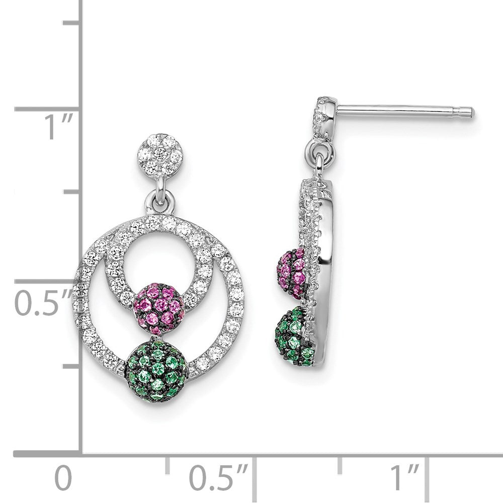 Brilliant Embers Sterling Silver Rhodium-plated 152 Stone Multi Micro PavÇ Green Red and White CZ Circle Dangle Post Earrings