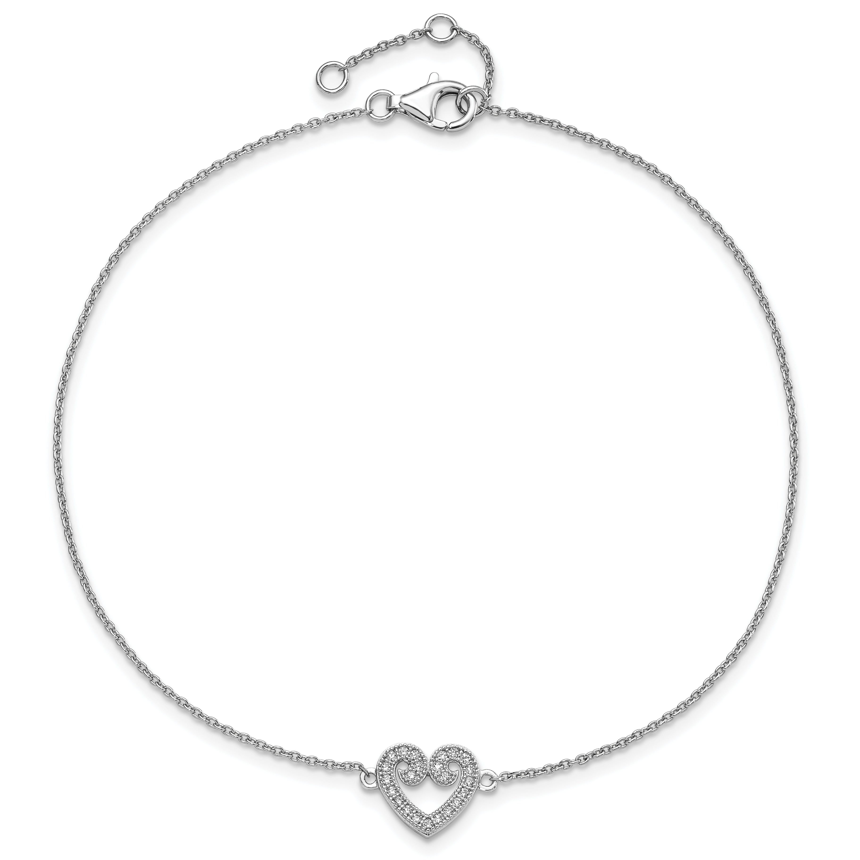 Brilliant Embers Sterling Silver Rhodium-Plated 23 Stone 9 Inch Micro Pava Cz Heart Anklet With 1 Inch Extender