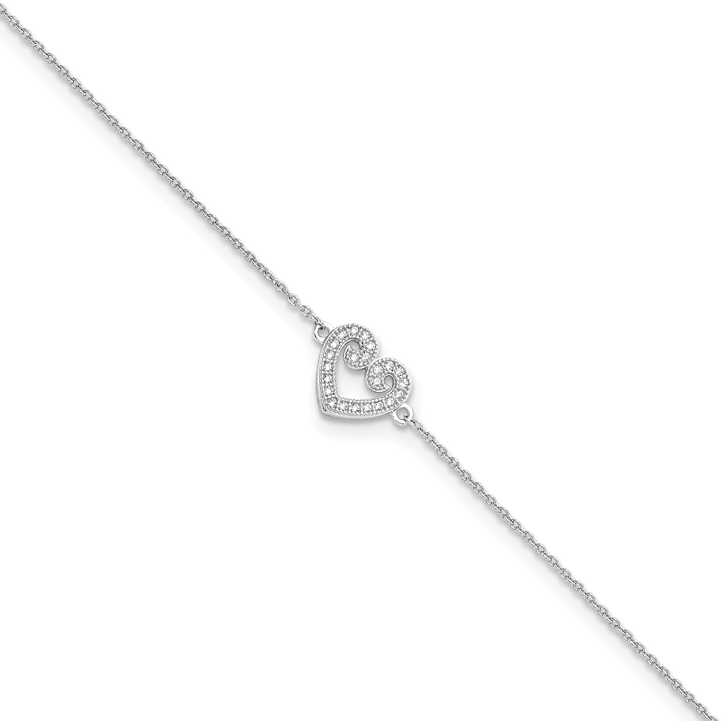 Brilliant Embers Sterling Silver Rhodium-Plated 23 Stone 9 Inch Micro Pava Cz Heart Anklet With 1 Inch Extender