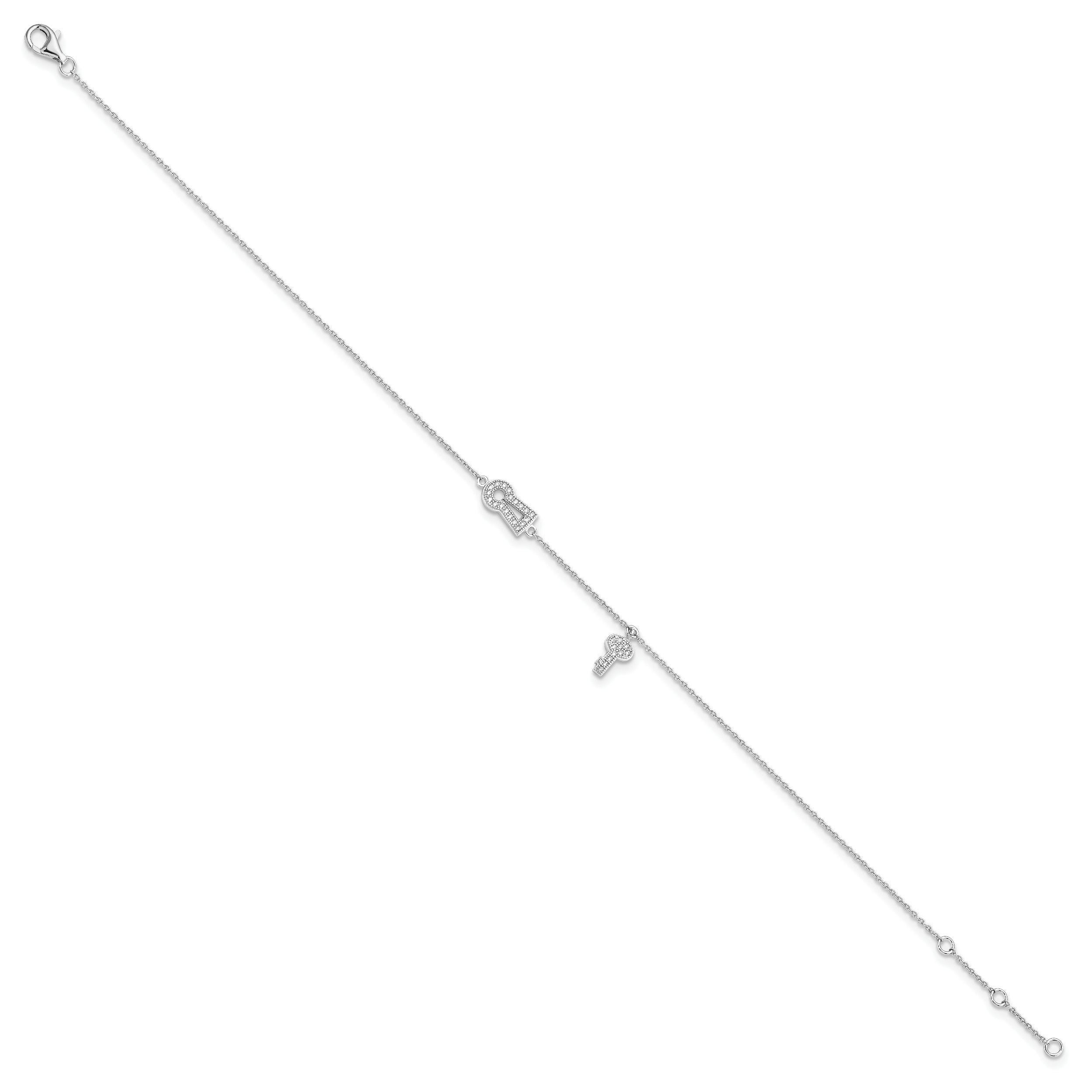 Brilliant Embers Sterling Silver Rhodium-Plated 30 Stone 9 Inch Micro Pava Cz Lock Key Anklet With 1 Inch Extender