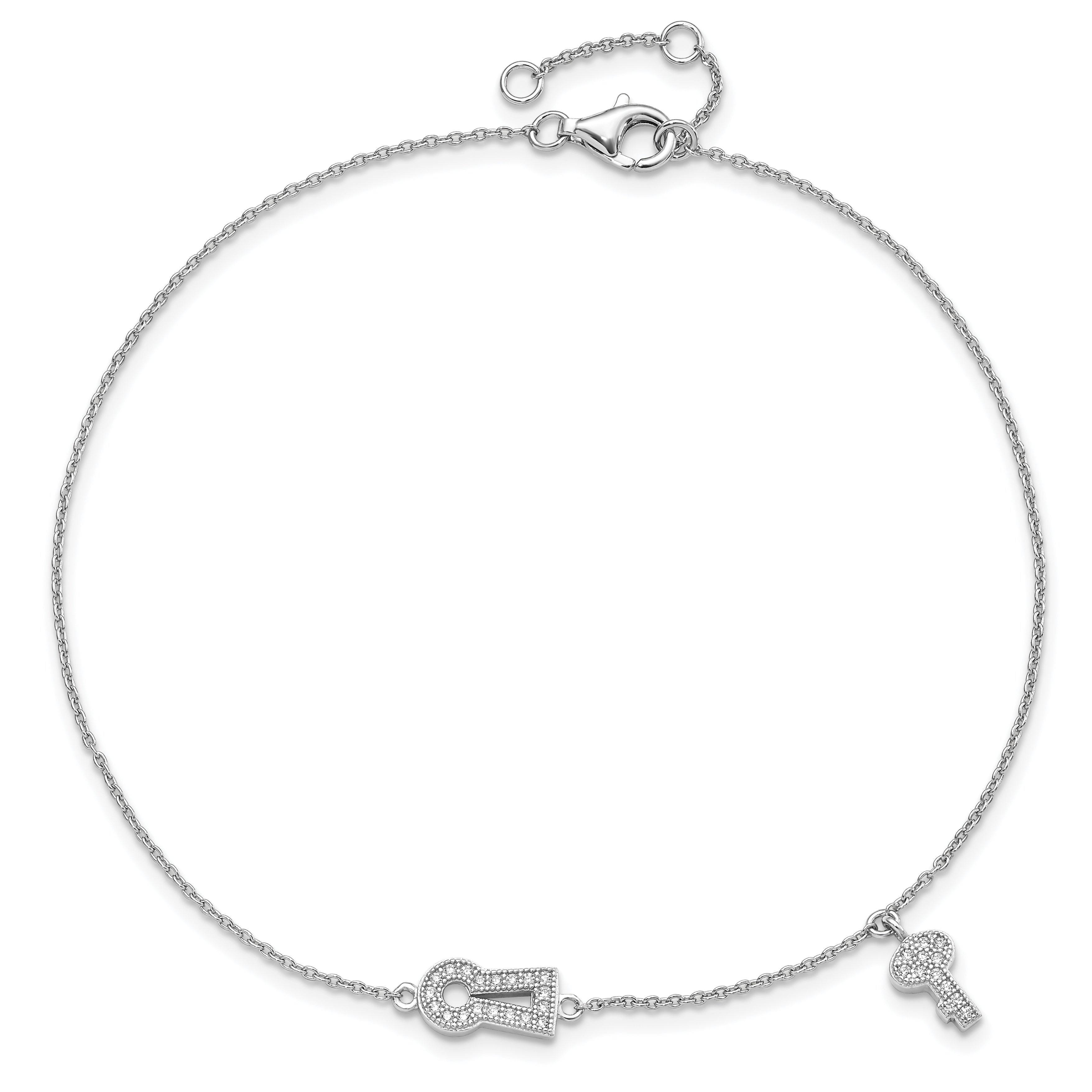 Brilliant Embers Sterling Silver Rhodium-Plated 30 Stone 9 Inch Micro Pava Cz Lock Key Anklet With 1 Inch Extender