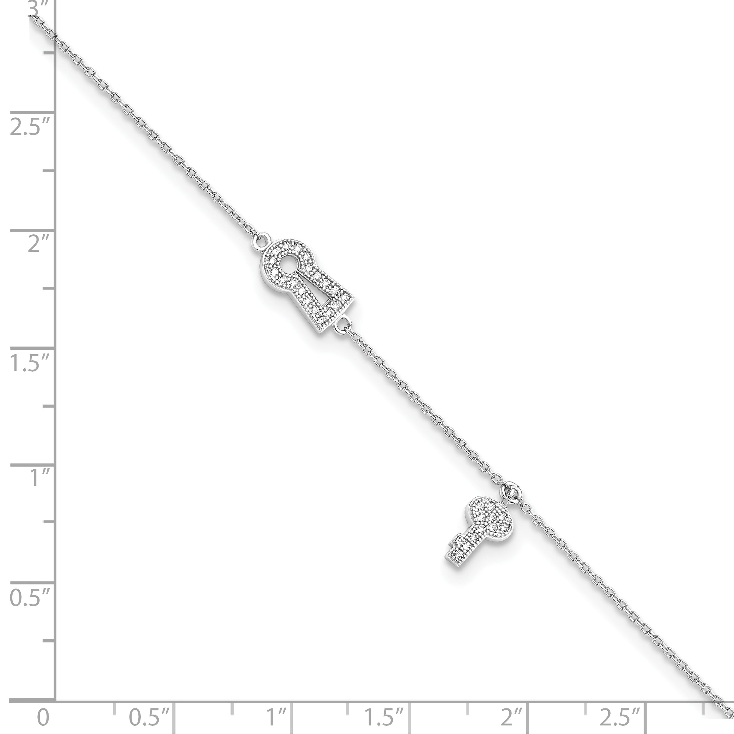 Brilliant Embers Sterling Silver Rhodium-Plated 30 Stone 9 Inch Micro Pava Cz Lock Key Anklet With 1 Inch Extender