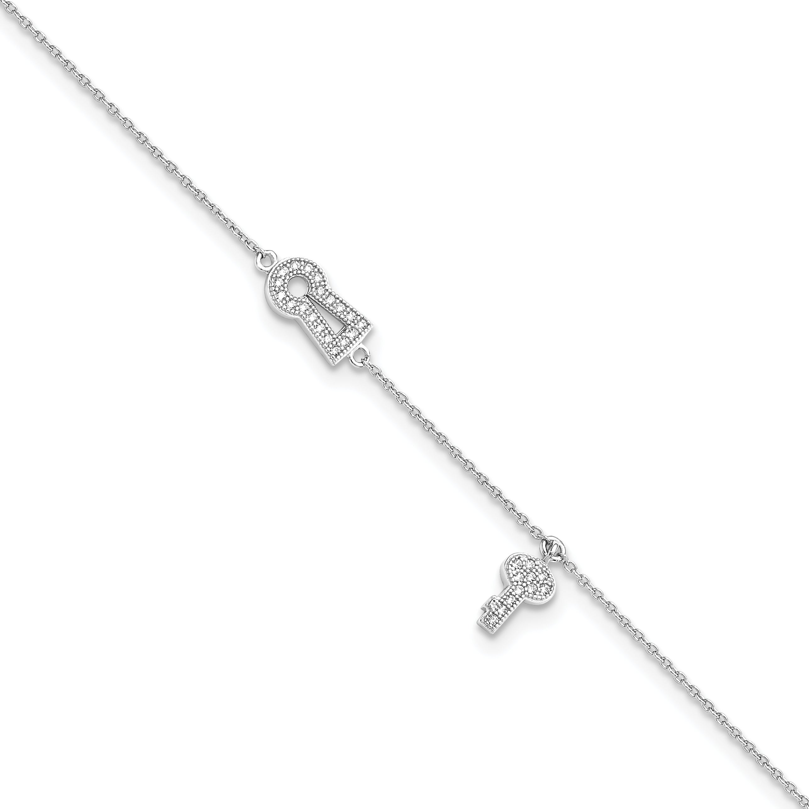 Brilliant Embers Sterling Silver Rhodium-Plated 30 Stone 9 Inch Micro Pava Cz Lock Key Anklet With 1 Inch Extender