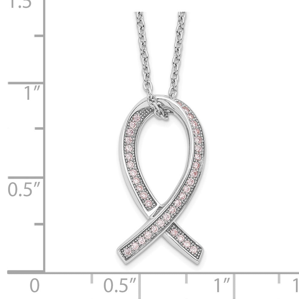 Brilliant Embers Sterling Silver Rhodium-plated 38 Stone 18 inch Micro PavÇ Pink CZ Awareness Ribbon Necklace with 2 Inch ...