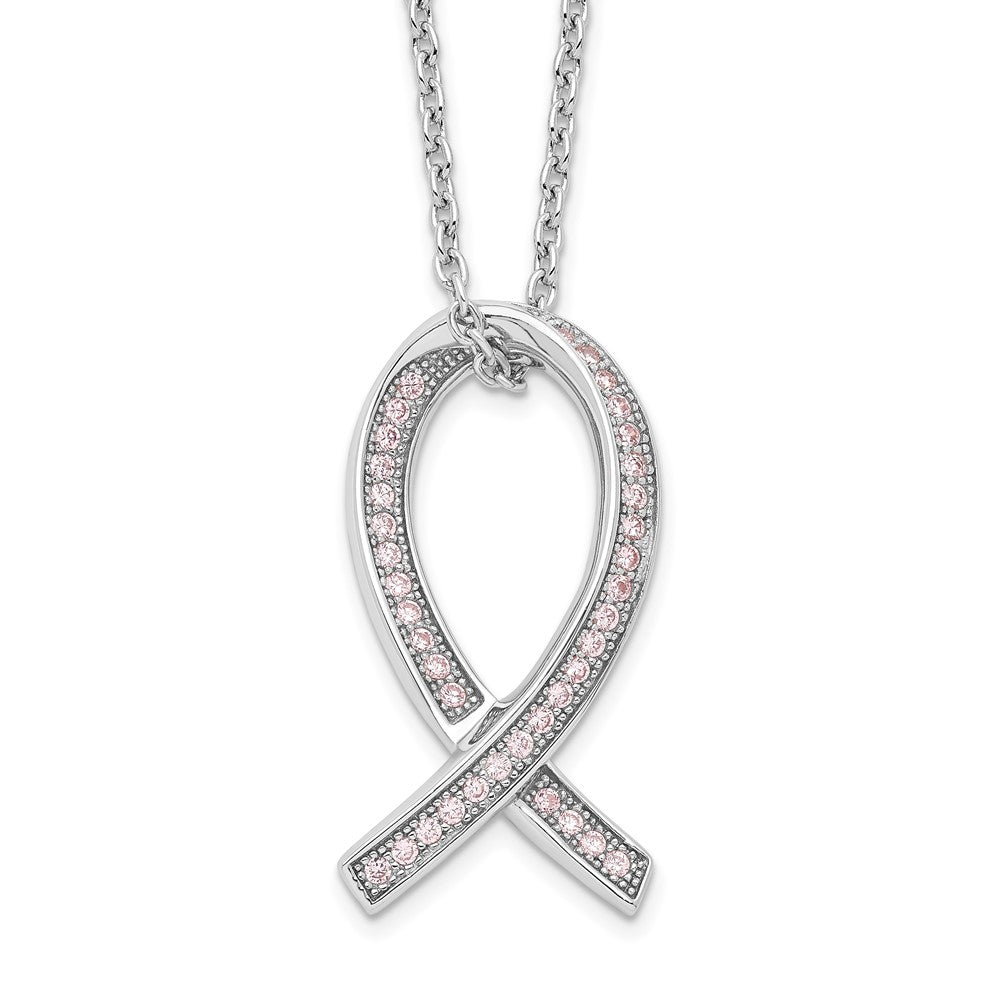 Brilliant Embers Sterling Silver Rhodium-plated 38 Stone 18 inch Micro PavÇ Pink CZ Awareness Ribbon Necklace with 2 Inch ...