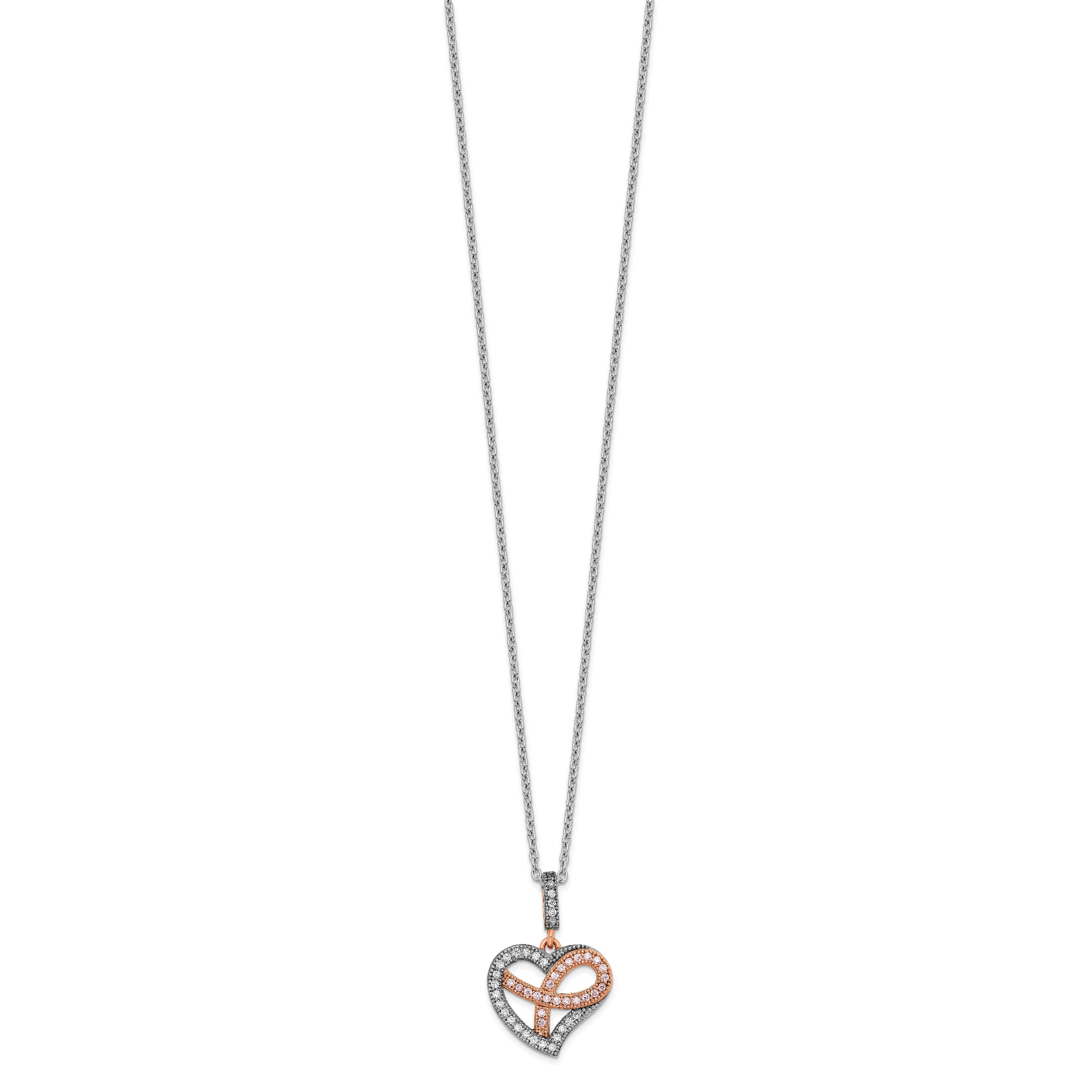 Brilliant Embers Sterling Silver Rose Gold-plated Rhodium-plated 49 Stone 18 inch Micro PavÇ CZ Polished Heart Necklace with 2 Inch Extender