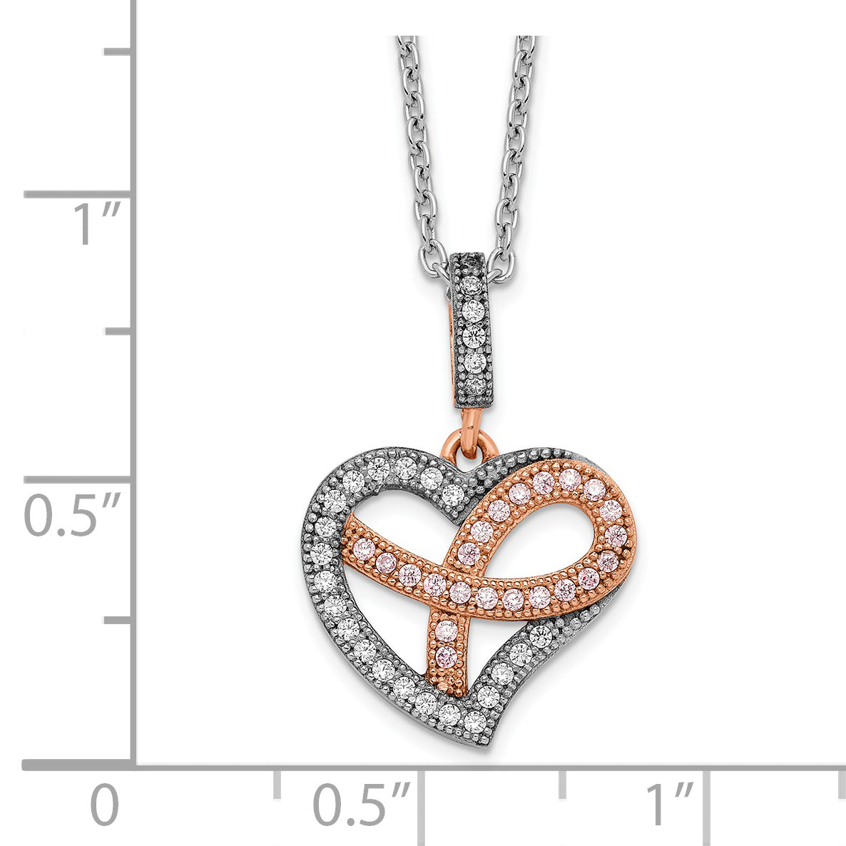 Brilliant Embers Sterling Silver Rose Gold-plated Rhodium-plated 49 Stone 18 inch Micro PavÇ CZ Polished Heart Necklace with 2 Inch Extender