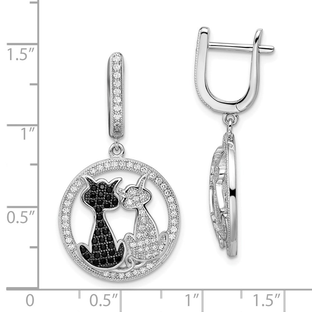 Brilliant Embers Sterling Silver Rhodium-plated 194 Stone Black and White CZ Cat Dangle Hinged Hoop Earrings