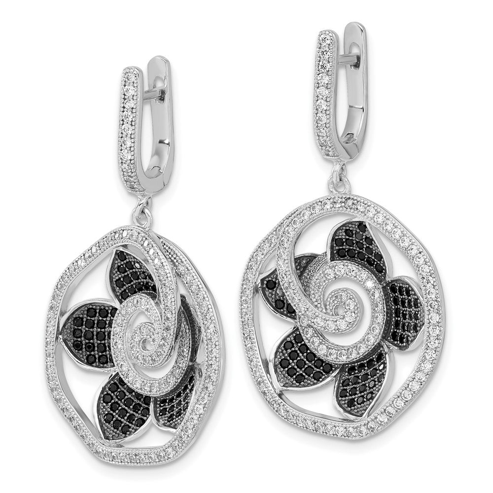 Sterling Silver True Fire Black & Clear CZ Flower Hinged Dangle Earrings