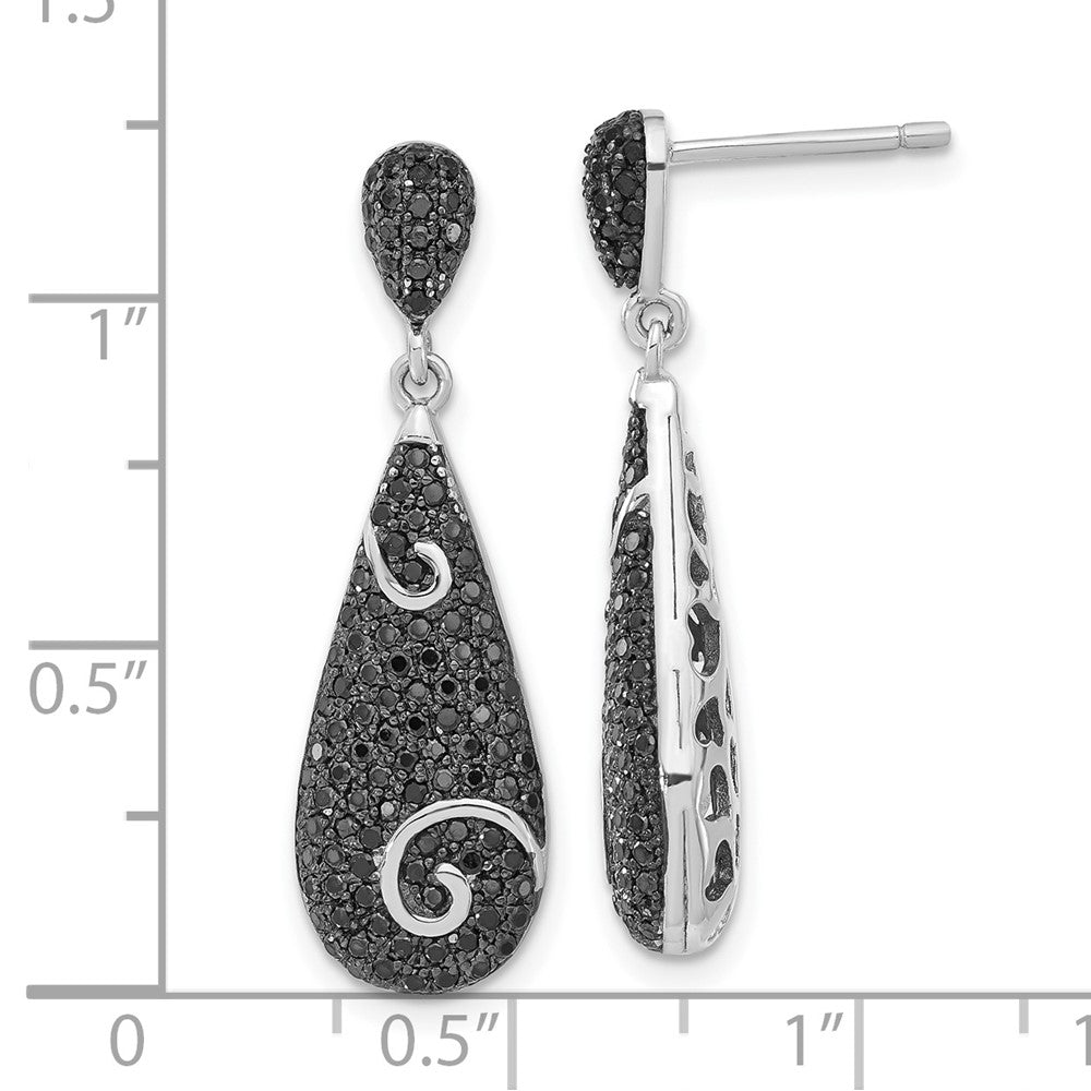 True Fire Sterling Silver Swirl Accent Black CZ Teardrop Post Dangle Earrings
