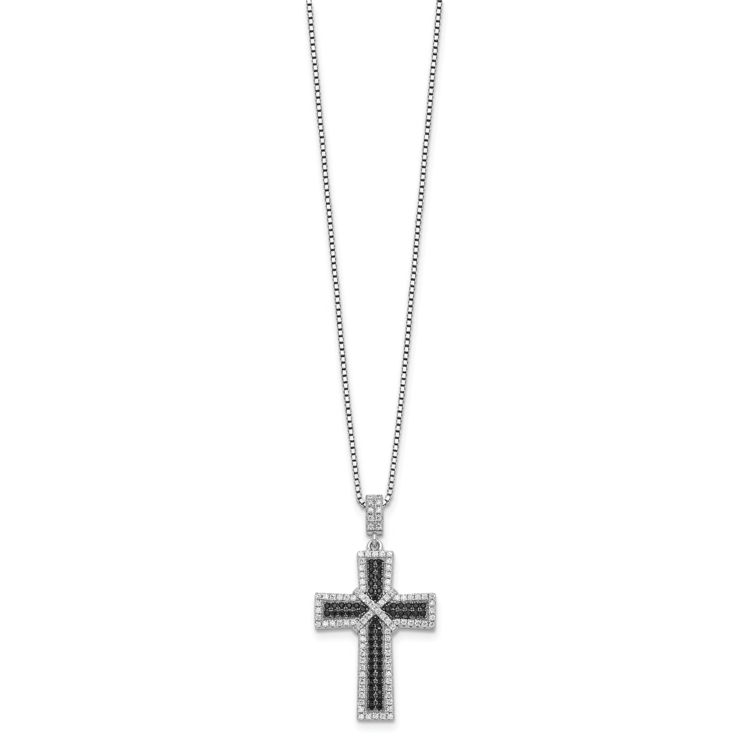 Brilliant Embers Sterling Silver Rhodium-plated 156 Stone 18 inch Black and White Micro PavÇ CZ Polished Cross Necklace with 2 Inch Extender