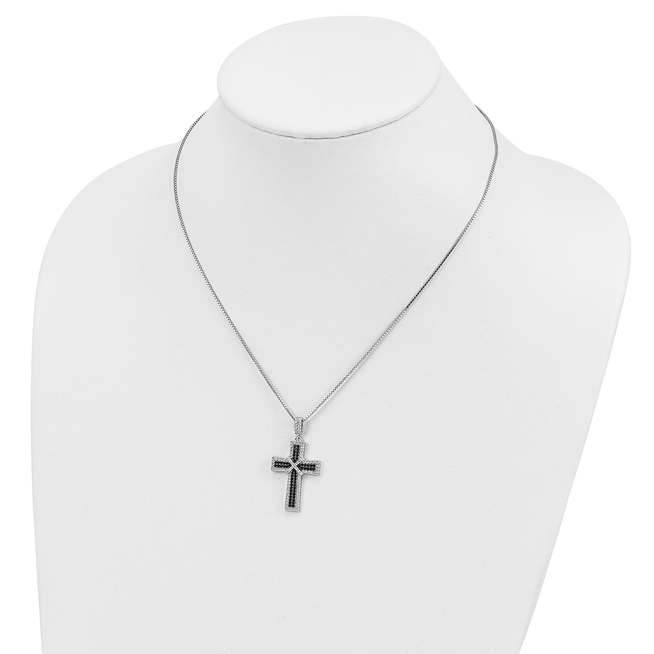 Brilliant Embers Sterling Silver Rhodium-plated 156 Stone 18 inch Black and White Micro PavÇ CZ Polished Cross Necklace with 2 Inch Extender