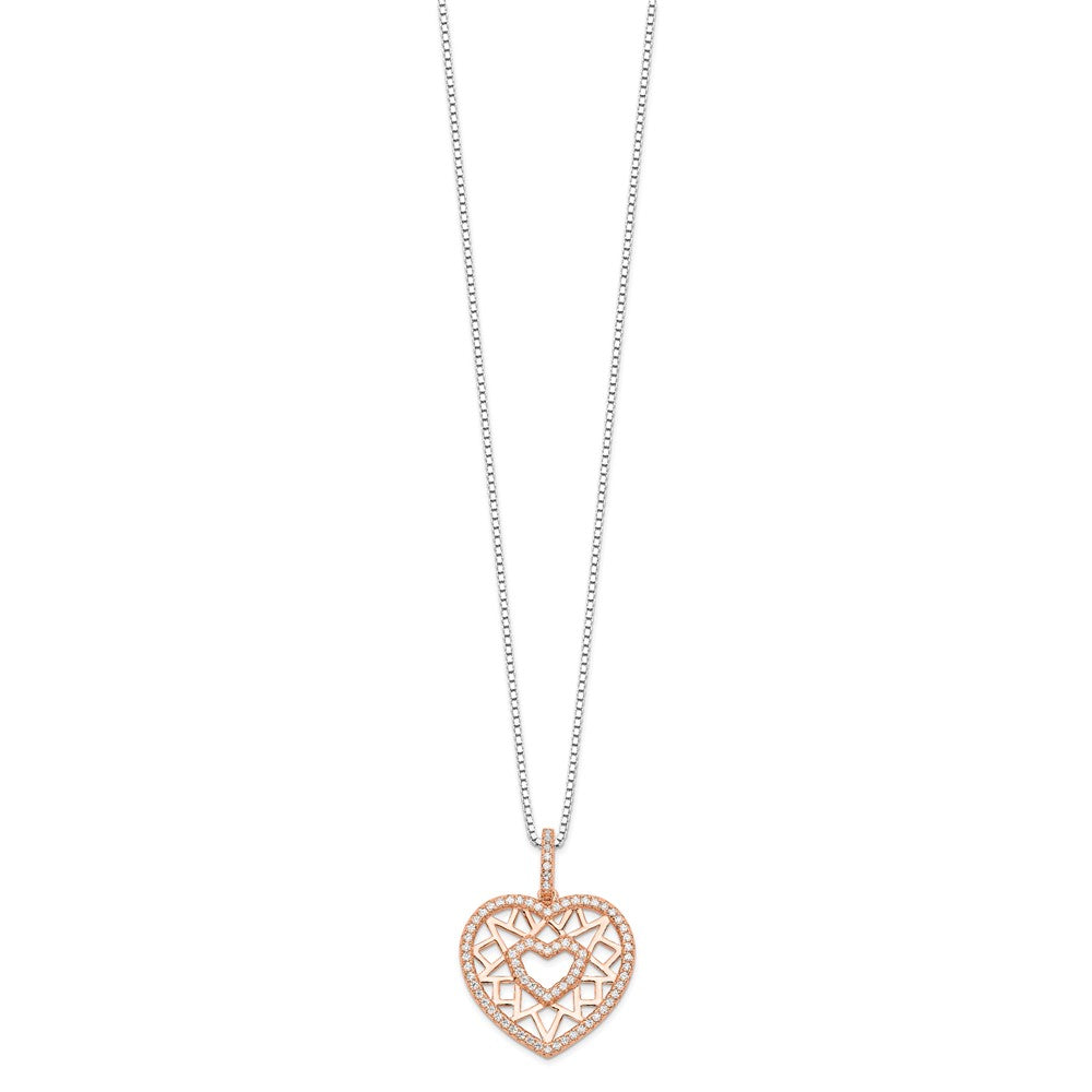 Brilliant Embers Sterling Silver Rose-tone Flash Rose Gold-plated 77 Stone 18 inch Micro PavΓ CZ Heart Necklace with 2 Inc...