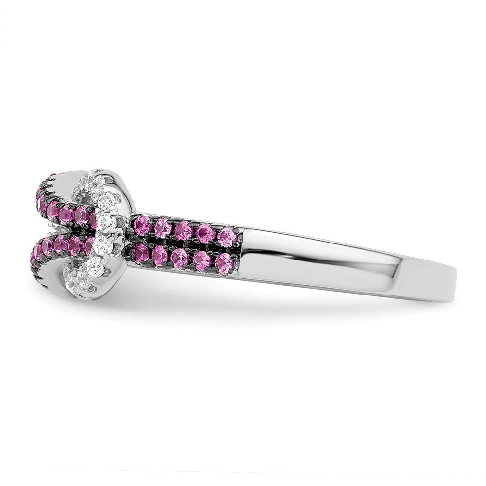 Brilliant Embers Sterling Silver Rhodium-plated 64 Stone Micro PavÇ Red and White CZ Love Knot Ring