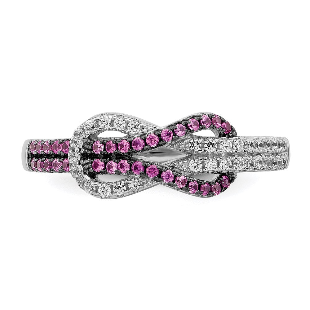Brilliant Embers Sterling Silver Rhodium-plated 64 Stone Micro PavÇ Red and White CZ Love Knot Ring