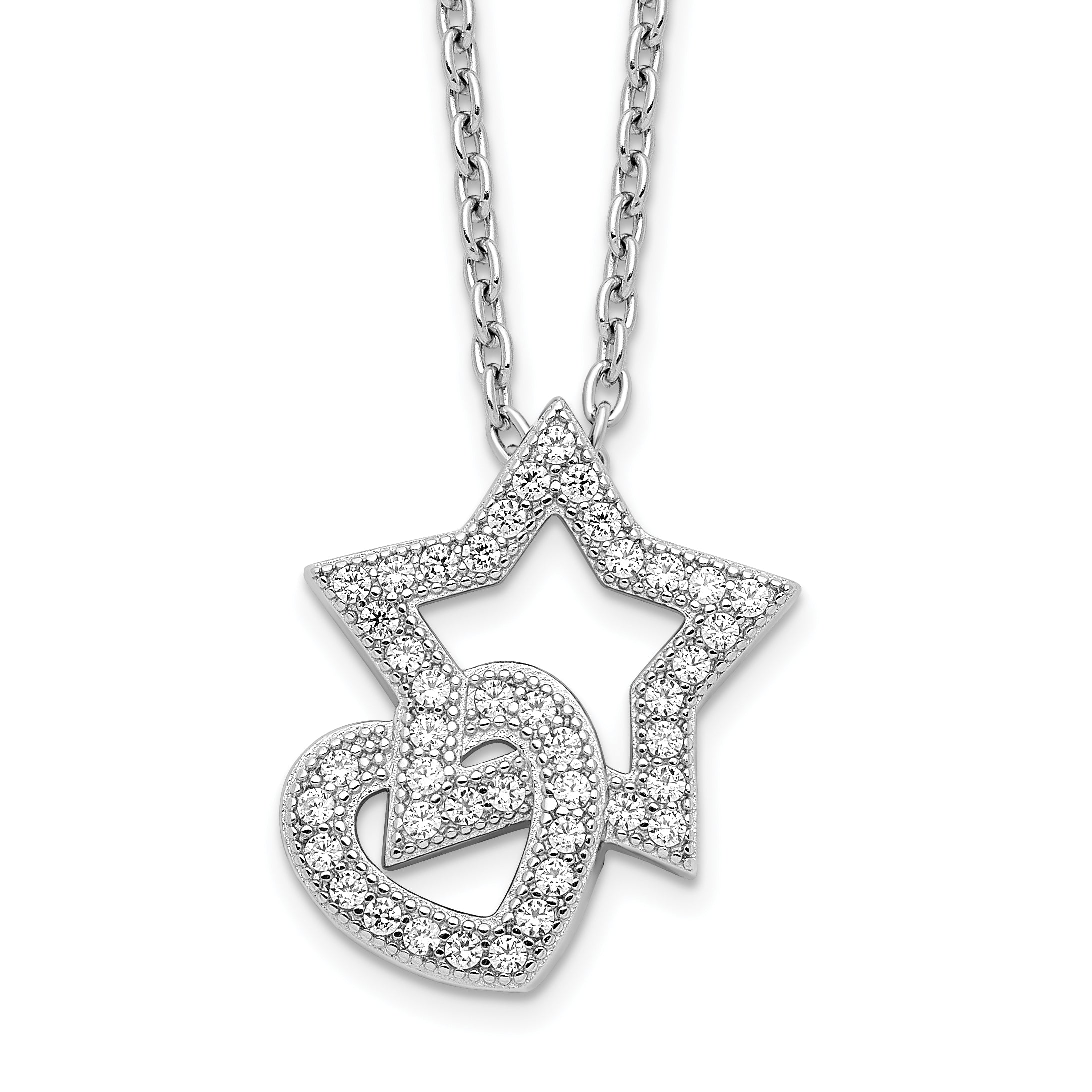 Brilliant Embers Sterling Silver Rhodium-plated 43 Stone 18 inch Micro PavÇ CZ Heart and Star Necklace with 2 Inch Extender