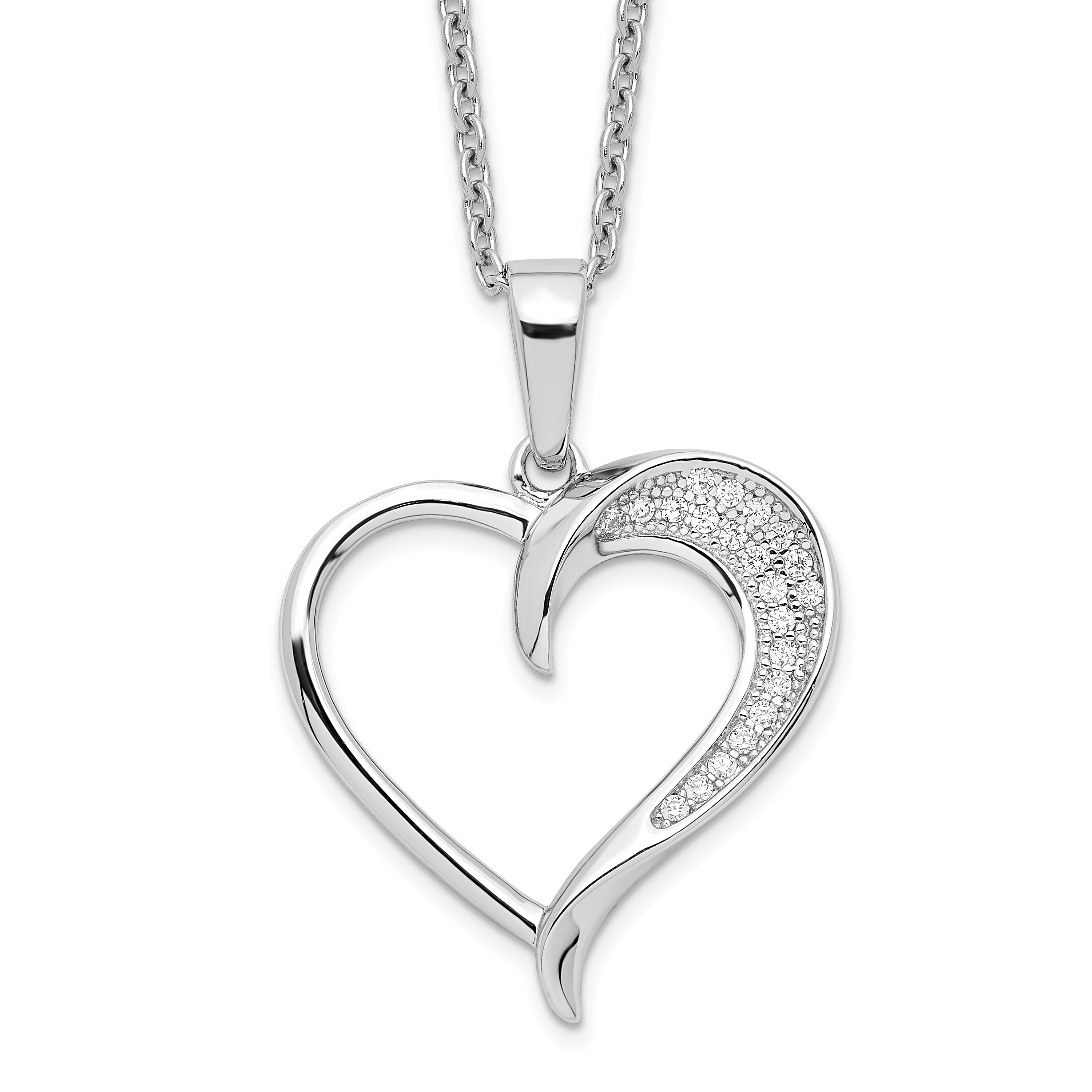 Brilliant Embers Sterling Silver Rhodium-plated 21 Stone 18 inch Micro PavÇ CZ Polished Heart Necklace with 2 Inch Extender