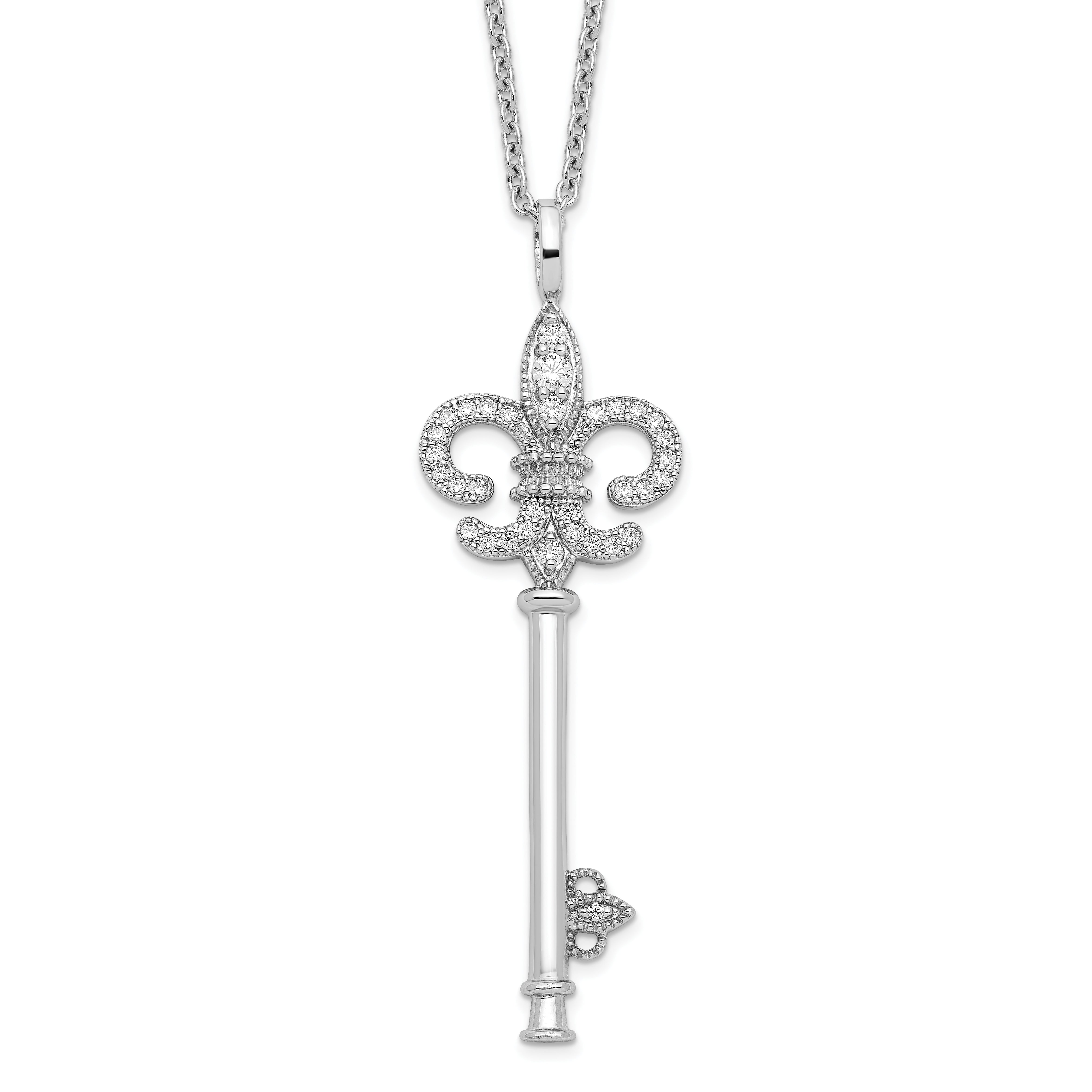 Brilliant Embers Sterling Silver Rhodium-plated 33 Stone 18 inch Micro PavÇ CZ Polished Key Necklace with 2 Inch Extender