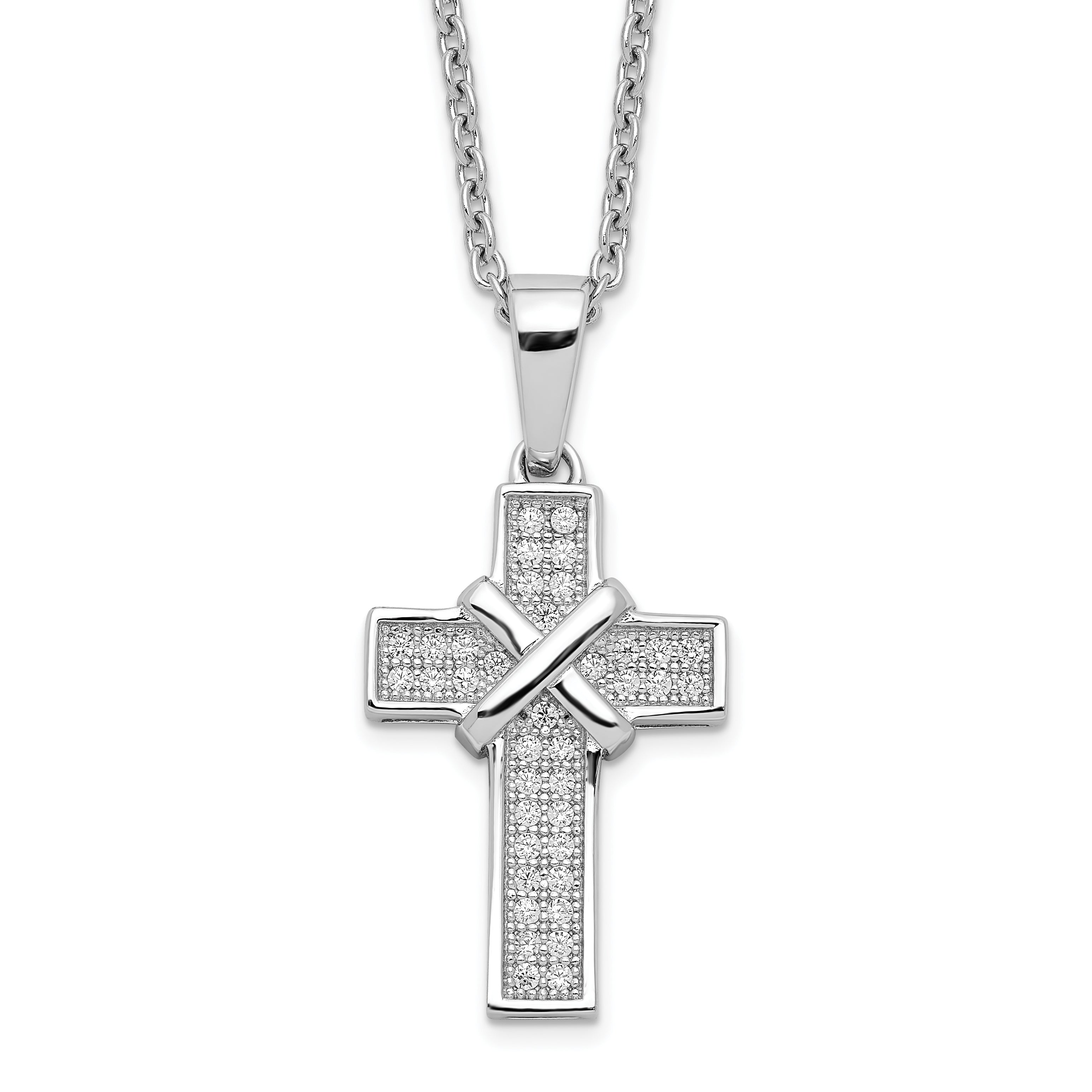 Brilliant Embers Sterling Silver Rhodium-plated 38 Stone 18 inch Micro PavÇ CZ Polished Cross Necklace with 2 Inch Extender