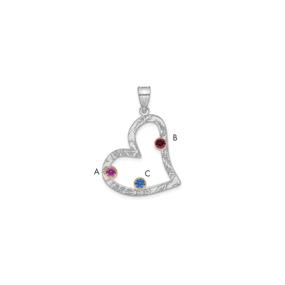 SS/Rhod-plated 3 Birthstone Heart with 14k Bezel Family Pendant
