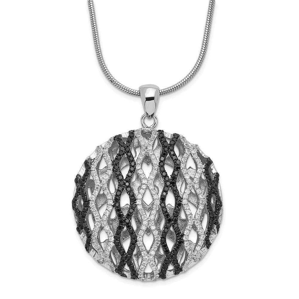 Sterling Silver Black & Clear CZ Brilliant Embers Wavy Circle Necklace