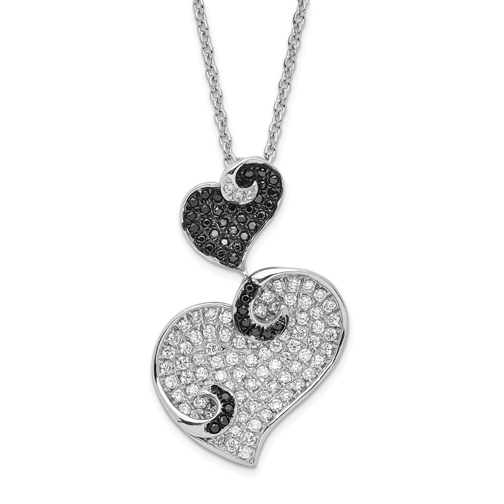 Sterling Silver Black & Clear CZ Brilliant Embers Hearts Necklace