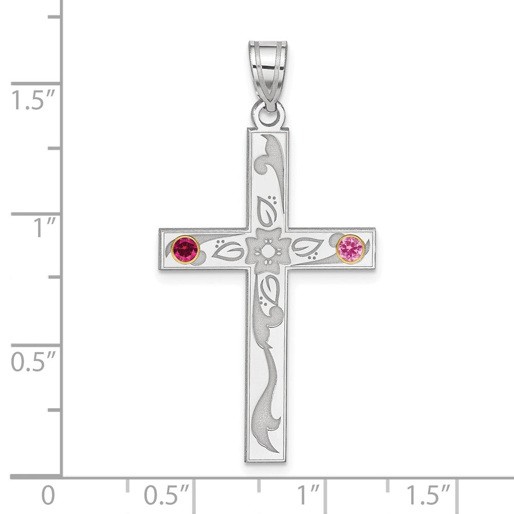 Sterling Silver Rh-plt/14k Bezel Crystal Family Cross Pendant