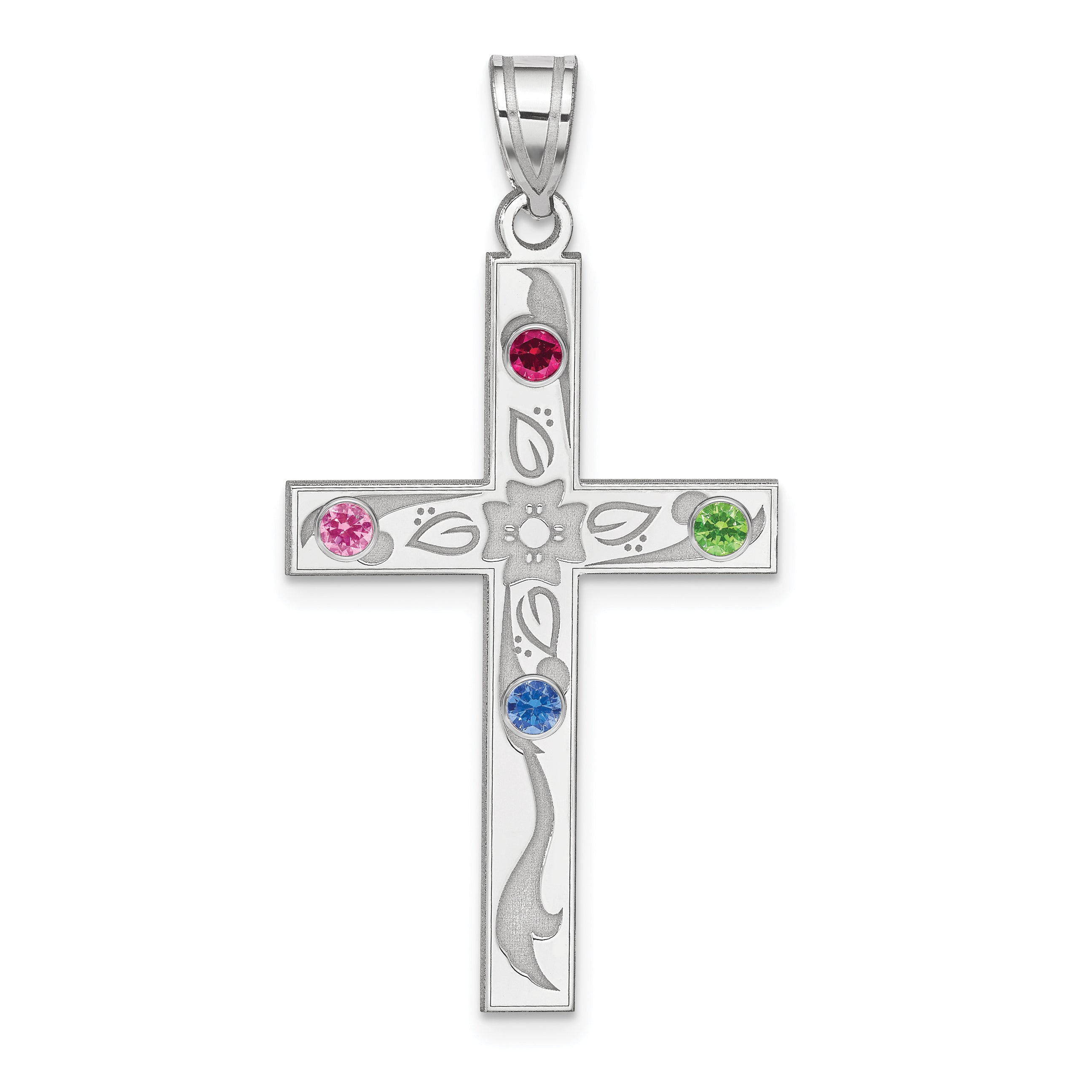 Sterling Silver Rh-plt Crystal Family Cross Pendant