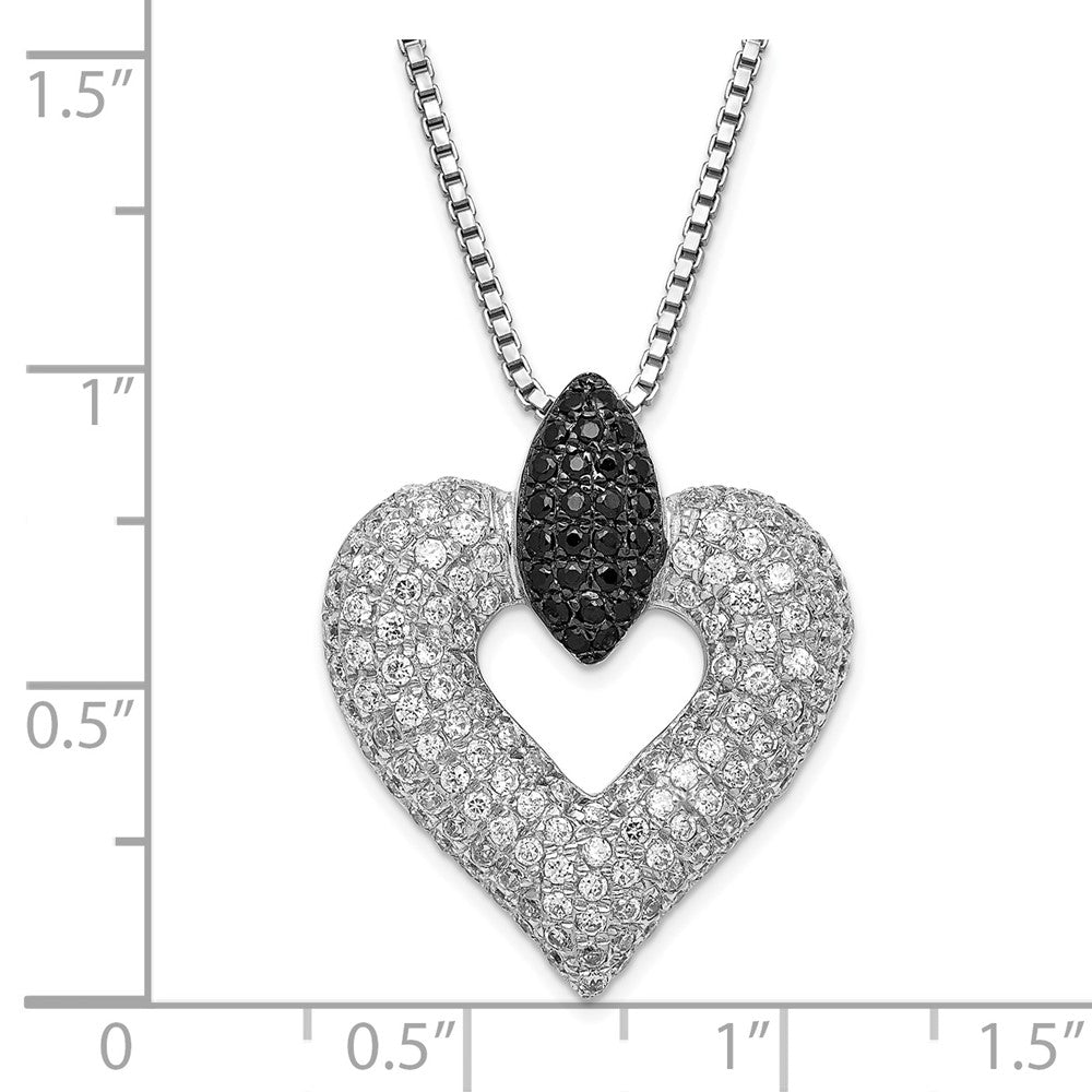 Sterling Silver Black & Clear CZ Brilliant Embers Heart w/ 2in ext Necklace