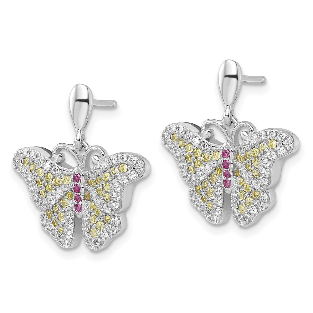 Sterling Silver Yellow, Pink & Clear CZ Brilliant Embers Butterfly Earrings