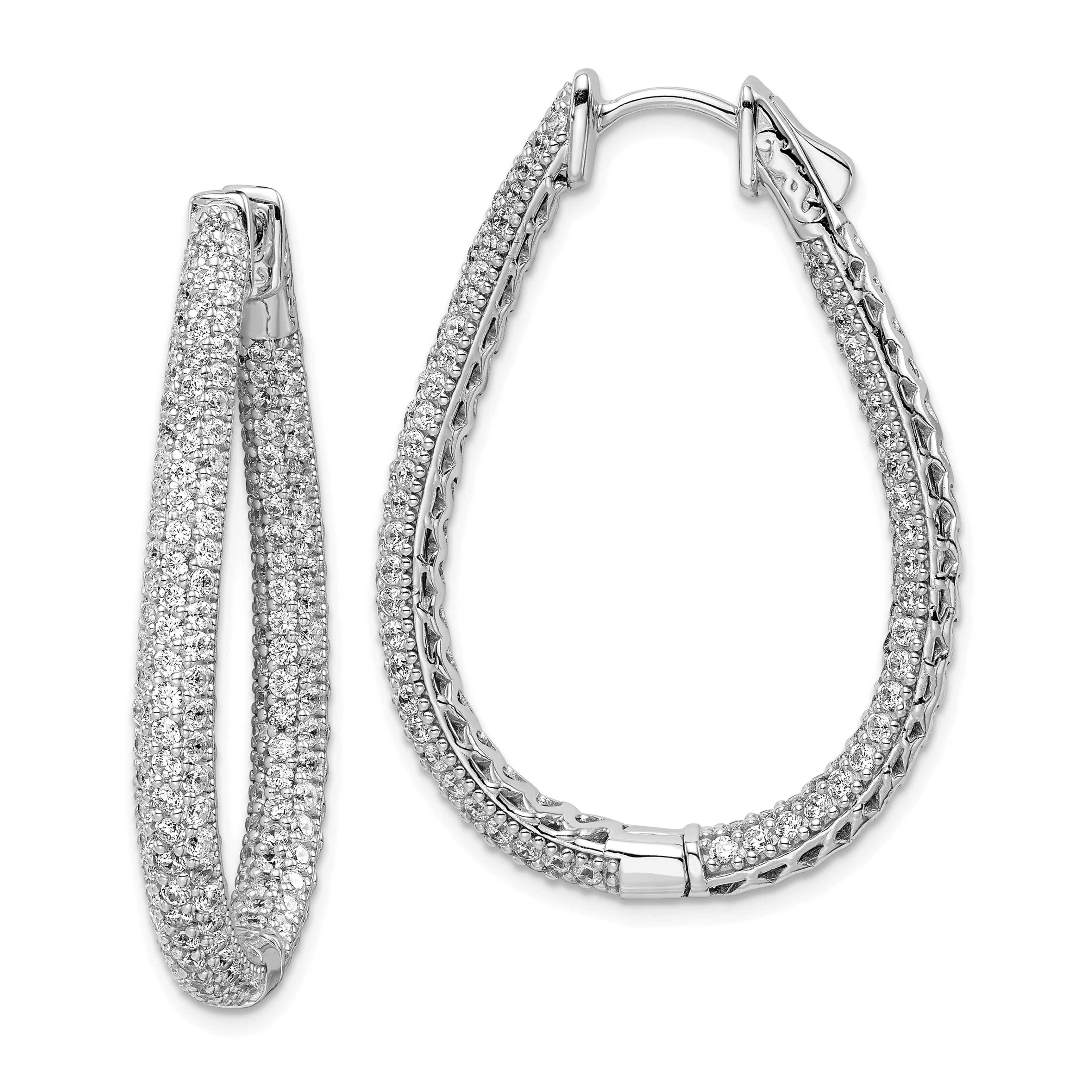 Sterling Shimmer Sterling Silver Rhodium-plated 308 Stone PavÇ 1.2mm-1.5mm CZ In and Out Teardrop Hinged Hoop Earrings