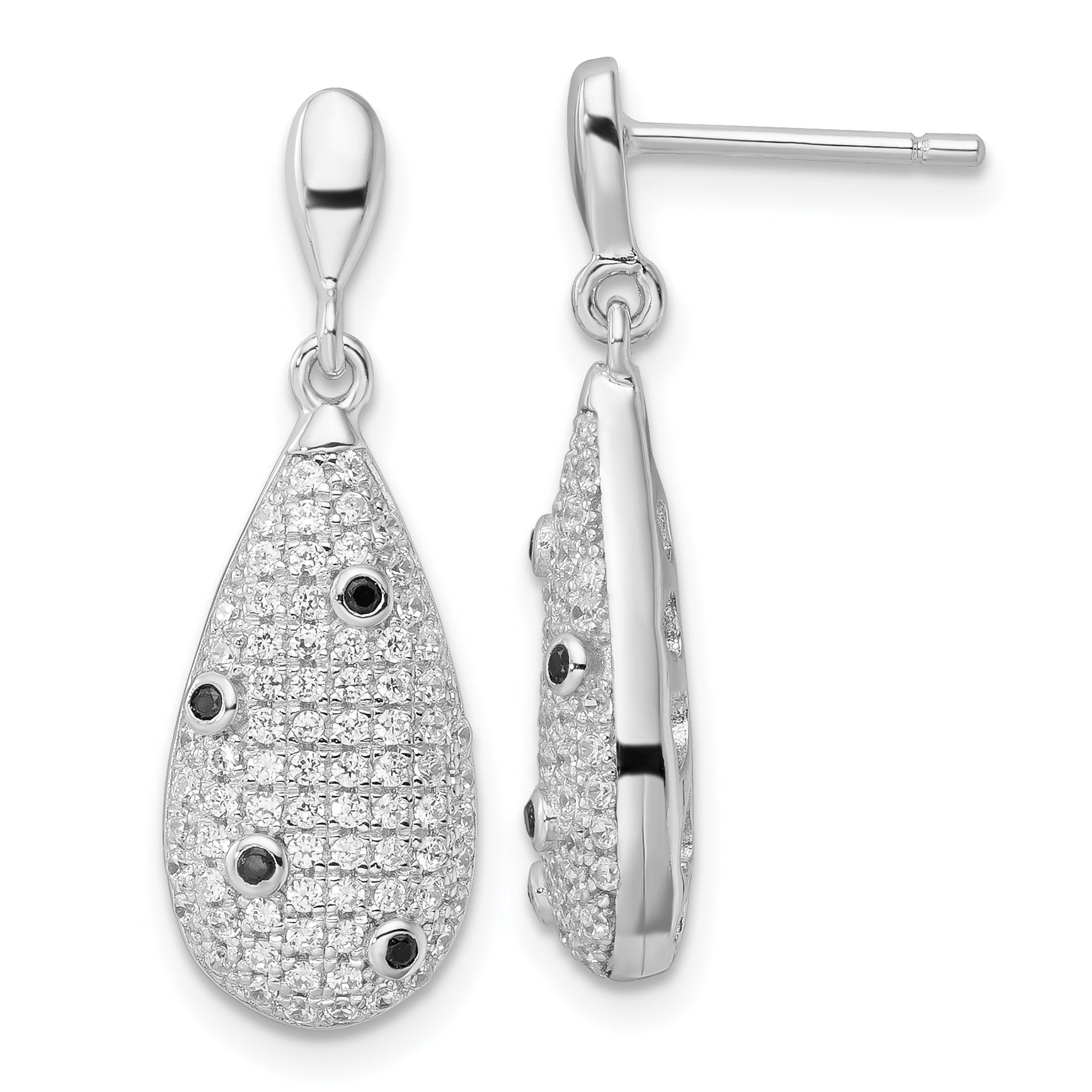 Sterling Silver Black & Clear CZ Brilliant Embers Teardrop Dangle Earrings