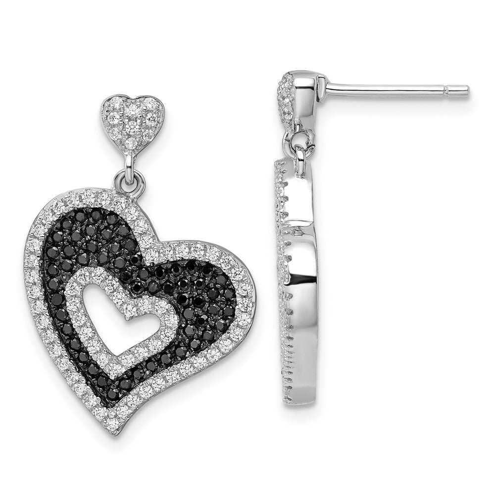 Sterling Silver Black & Clear CZ Brilliant Embers Heart Dangle Earrings
