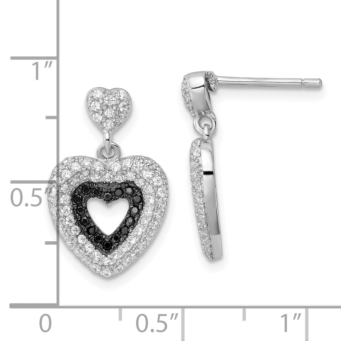 True Fire Sterling Silver Black & White CZ Heart Dangle Post Earrings