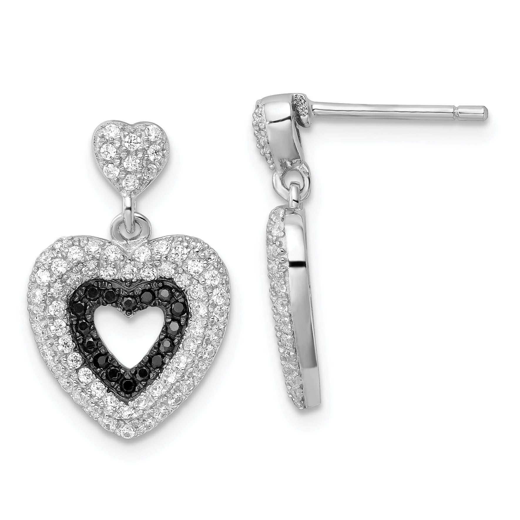 True Fire Sterling Silver Black & White CZ Heart Dangle Post Earrings
