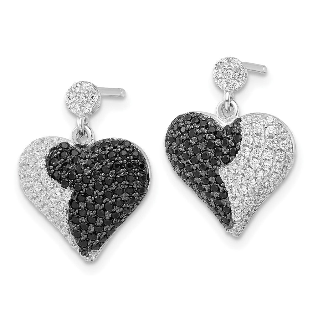 Sterling Silver Black & Clear CZ True Fire Heart Dangle Post Earrings
