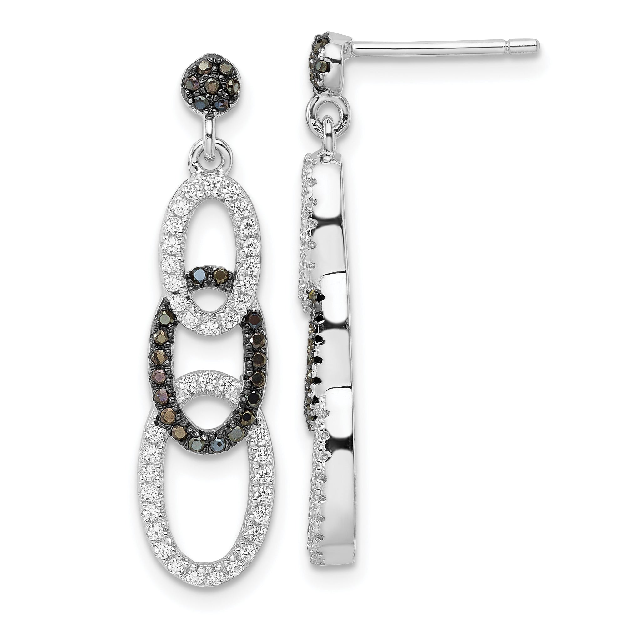 True Fire Sterling Silver Black & White CZ Oval Dangle Post Earrings