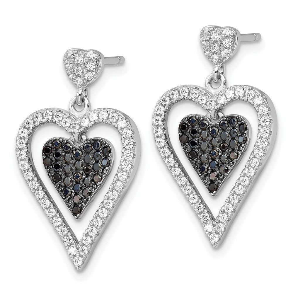 Sterling Silver Black & Clear CZ Brilliant Embers Heart Dangle Earrings