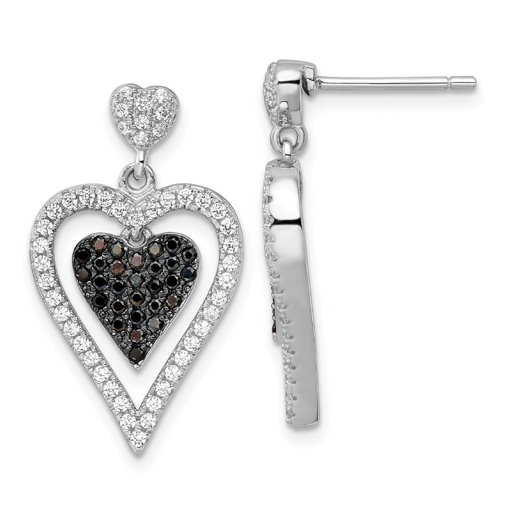 Sterling Silver Black & Clear CZ Brilliant Embers Heart Dangle Earrings