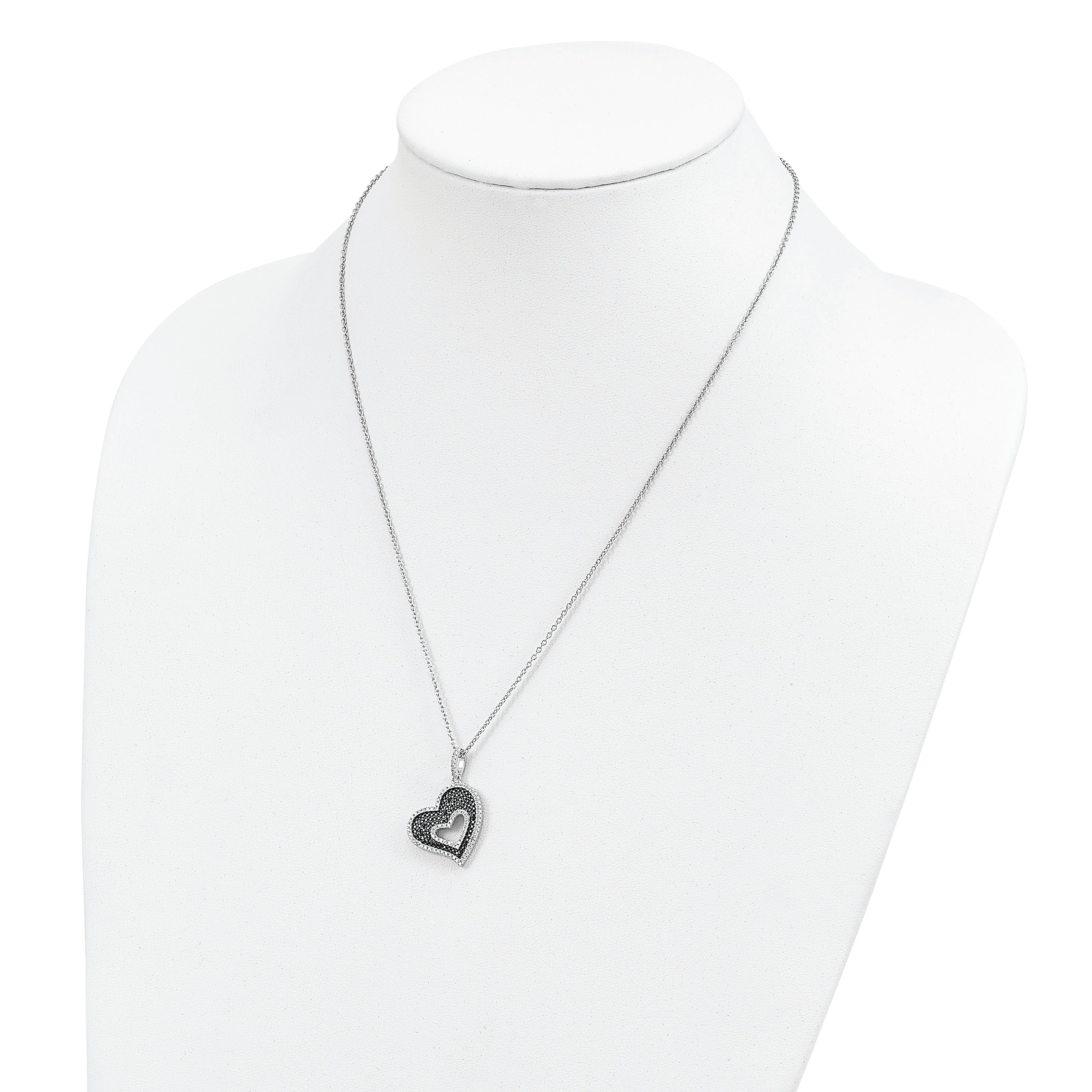 Brilliant Embers Sterling Silver Rhodium-plated 170 Stone 18 inch Micro PavÇ Black and White CZ Heart Necklace with 2 Inch Extender