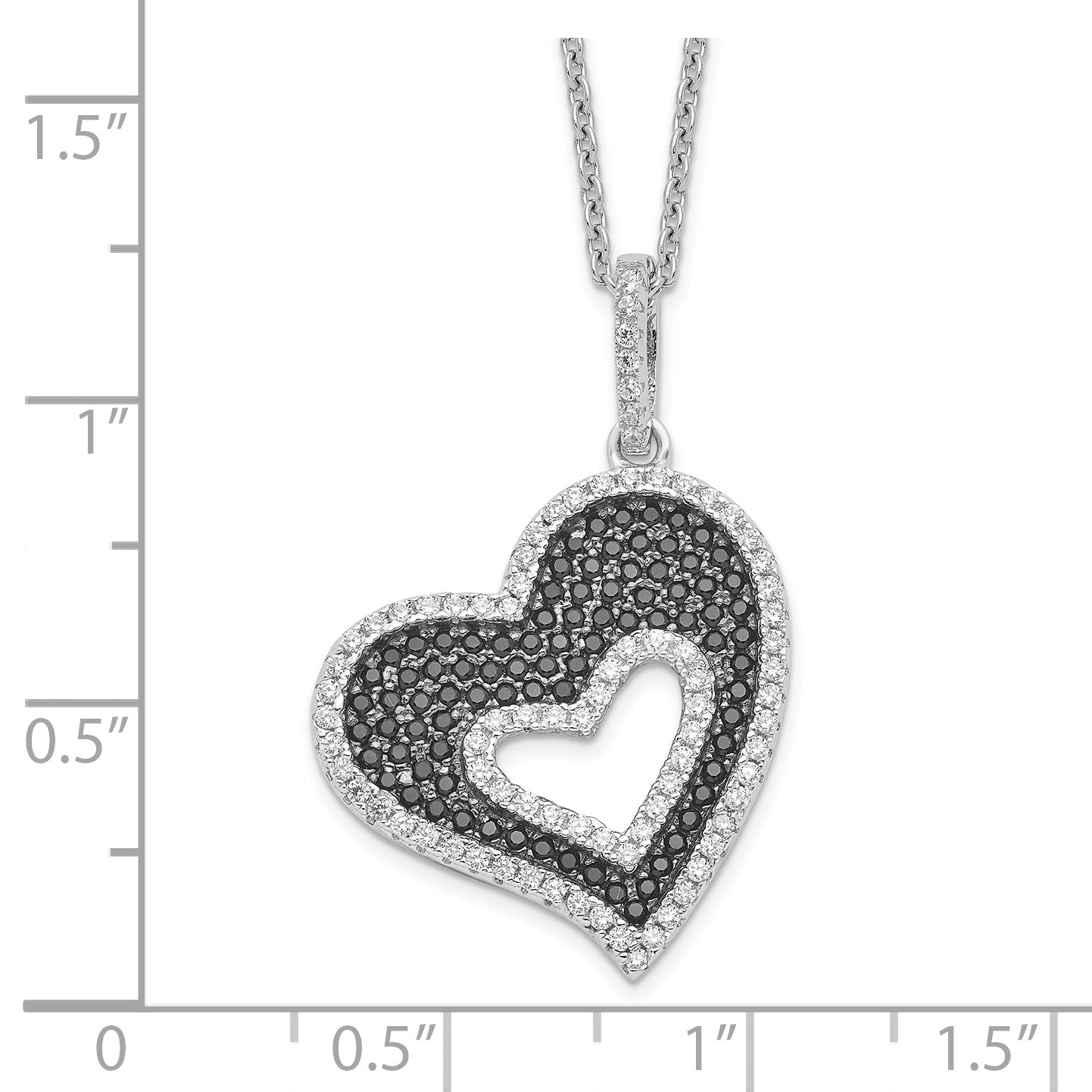 Brilliant Embers Sterling Silver Rhodium-plated 170 Stone 18 inch Micro PavÇ Black and White CZ Heart Necklace with 2 Inch Extender
